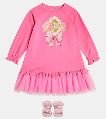 Tulle-trimmed printed jersey dress | Monnalisa