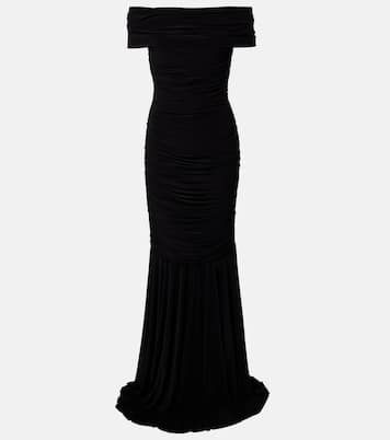 Off-shoulder ruched jersey gown | Norma Kamali