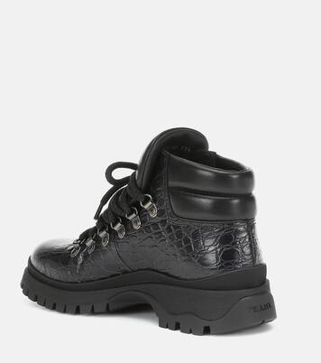 Croc-effect leather ankle boots | Prada