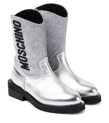 Logo glitter leather cowboy boots | Moschino Kids