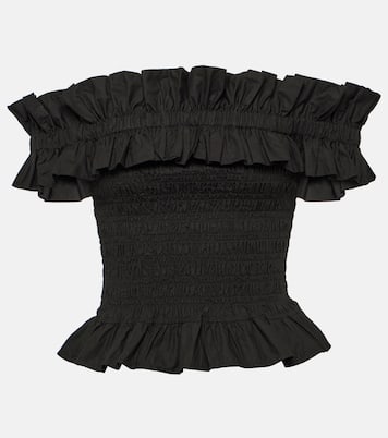 Smocked off-shoulder cotton poplin top | Ganni