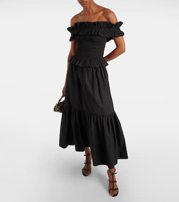 Smocked off-shoulder cotton poplin top | Ganni