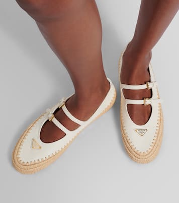 Leather and raffia Mary Jane flats | Prada