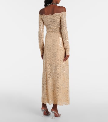 Off-Shoulder-Maxikleid aus Spitze mit Pailletten | Rabanne