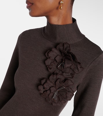 Abito midi in misto lana con applicazioni floreali | Oscar de la Renta