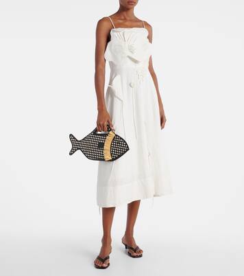 Cleo leather and raffia basket bag | Staud