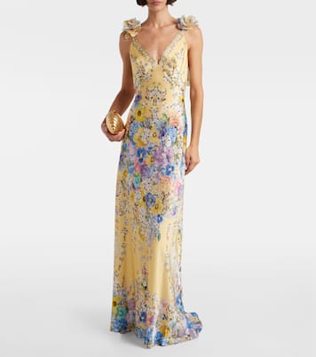 Embellished floral ruffled silk satin maxi dress | Camilla