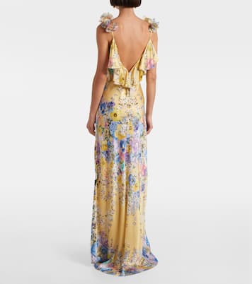 Embellished floral ruffled silk satin maxi dress | Camilla