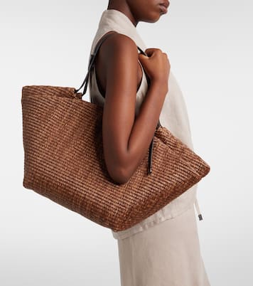Large leather-trimmed raffia-effect tote bag | Brunello Cucinelli