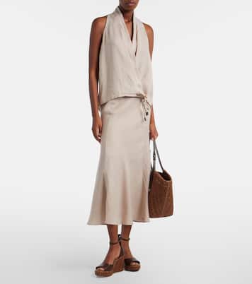 Large leather-trimmed raffia-effect tote bag | Brunello Cucinelli