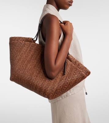 Large leather-trimmed raffia-effect tote bag | Brunello Cucinelli