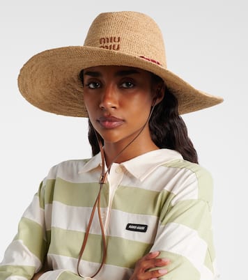 Leather-trimmed raffia sun hat | Miu Miu
