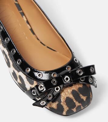 Eyelet Bow leopard-print satin ballet flats | Ganni
