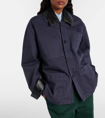 Leather-trimmed oversized cotton gabardine jacket | Miu Miu