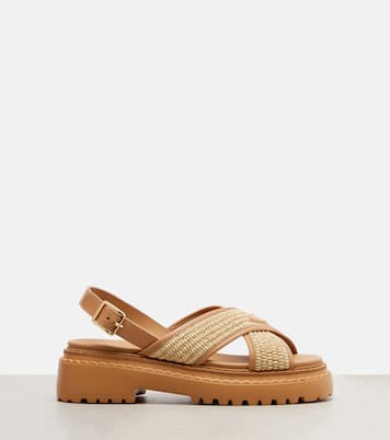 Logo crochet and leather platform sandals | Prada