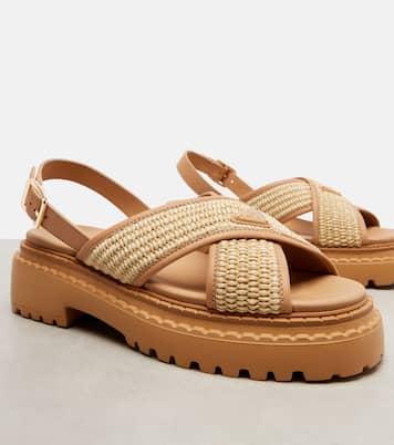 Logo crochet and leather platform sandals | Prada