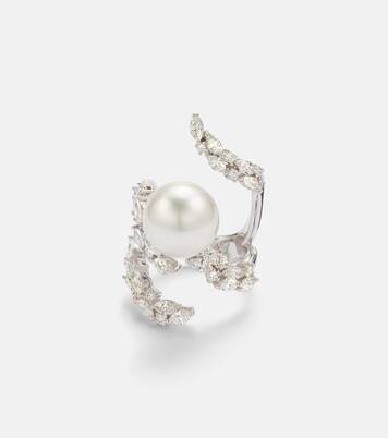 Pearlescent 18kt white gold ring with freshwater pearl and diamonds | Yeprem