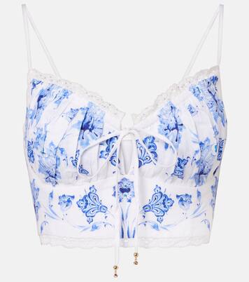 Printed lace-trimmed linen bra top | Camilla