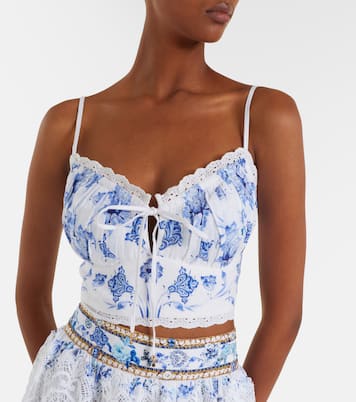 Printed lace-trimmed linen bra top | Camilla