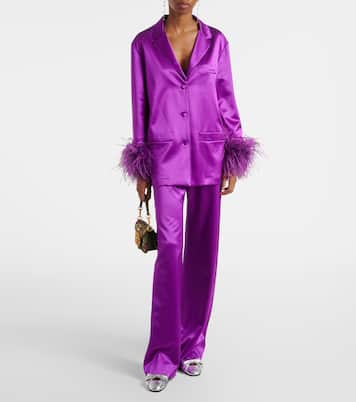 Feather-trimmed silk satin shirt | Valentino