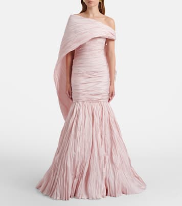 Pleated taffeta bustier gown and cape set | Marmar Halim