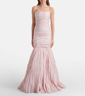 Pleated taffeta bustier gown and cape set | Marmar Halim