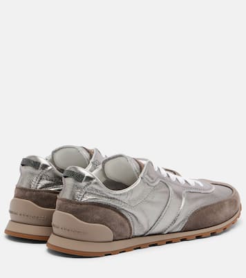 Monili suede-trimmed metallic leather sneakers | Brunello Cucinelli
