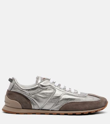 Monili suede-trimmed metallic leather sneakers | Brunello Cucinelli