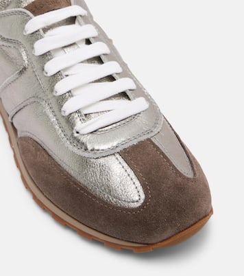 Monili suede-trimmed metallic leather sneakers | Brunello Cucinelli