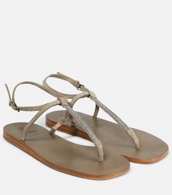 Embellished suede thong sandals | Brunello Cucinelli