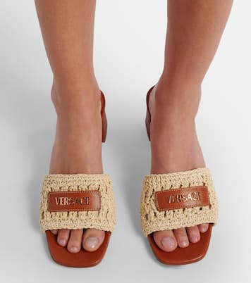 Mules in rafia e pelle con logo | Versace
