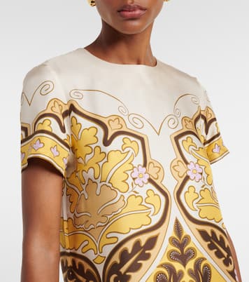 Bedrucktes Maxikleid aus Seide mit Federn | La DoubleJ