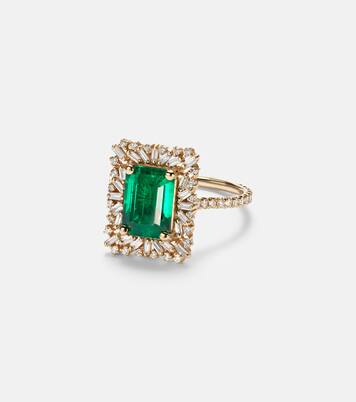 18kt gold (750/1000) ring with emerald and diamonds | Suzanne Kalan