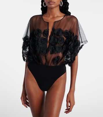 Floral-appliqué semi-sheer bodysuit | Norma Kamali