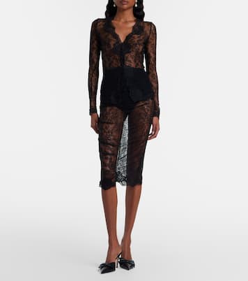 Floral ruched sheer lace midi skirt | Valentino