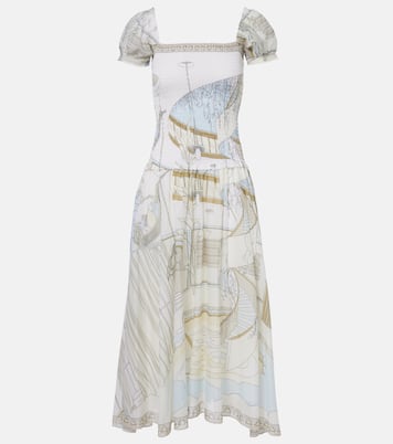 Printed shirred silk and cotton midi dress | Tory Burch