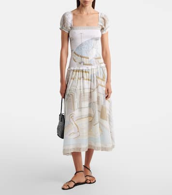 Printed shirred silk and cotton midi dress | Tory Burch