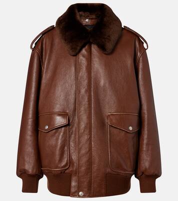 Shearling-trimmed leather bomber jacket | Prada