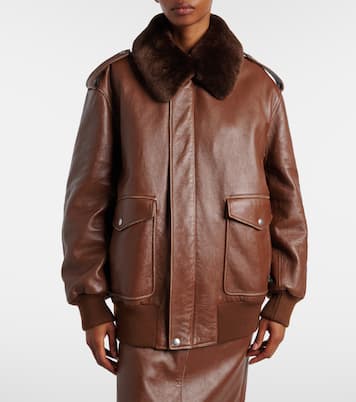 Shearling-trimmed leather bomber jacket | Prada