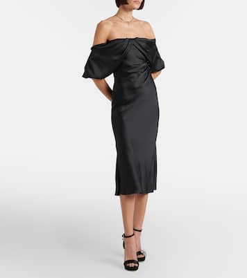 Draped off-shoulder satin midi dress | McQueen