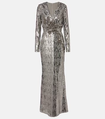 Floral-appliqué sequined silk-blend gown | Elie Saab