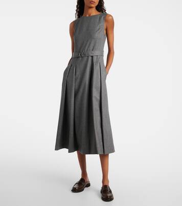 Vestido midi de lana virgen con cinturón | Brunello Cucinelli
