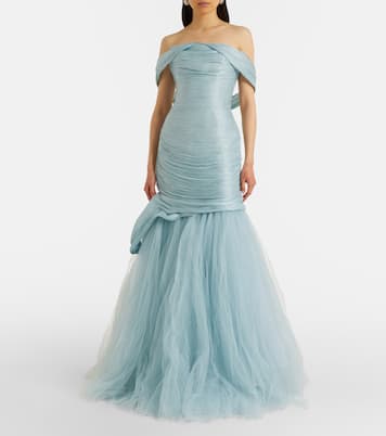 褶裥露肩紧身胸衣式长礼服 | Marmar Halim