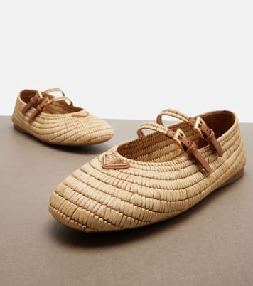 Crochet leather-trimmed Mary Jane flats | Prada