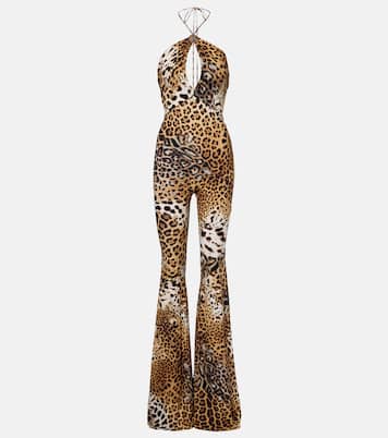 Jaguar-print cutout jersey jumpsuit | Roberto Cavalli