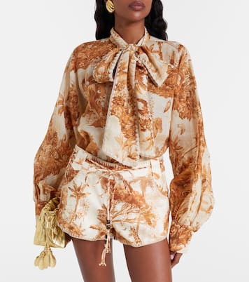 Indra printed tie-neck ramie blouse | Zimmermann