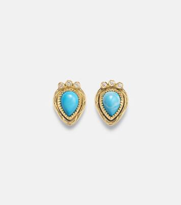 Ohrringe Tiara aus 18kt Gelbgold mit Diamanten und Türkisen | Ileana Makri