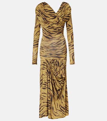 Asymmetric draped tiger-print maxi dress | Ganni