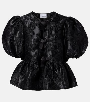Bow-detail floral peplum satin blouse | Ganni