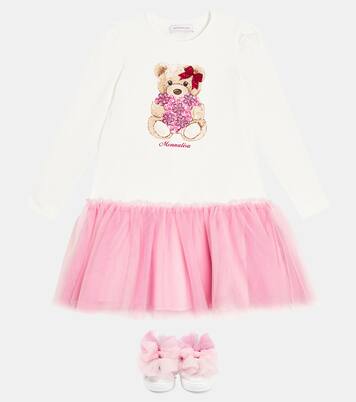 Tulle-trimmed printed cotton dress | Monnalisa